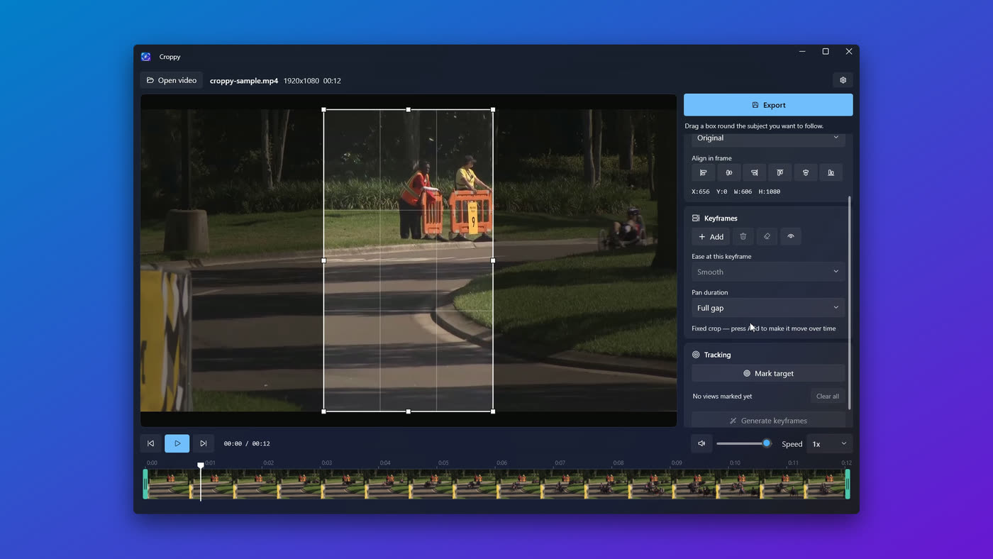 The crop rectangle over a frame, with the aspect ratio controls beside it